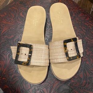 Nicole Miller Beige Slide Sandals with Tortoise Buckle